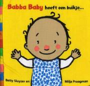 Boek: Babba Baby heeft een buikje. Cover: Cartoon van een lachend kindje.