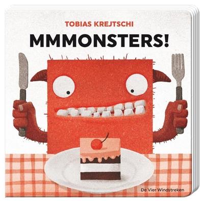 Boek: MMMonsters! Cover: Rood, kubusvormig monster eet een stukje taart