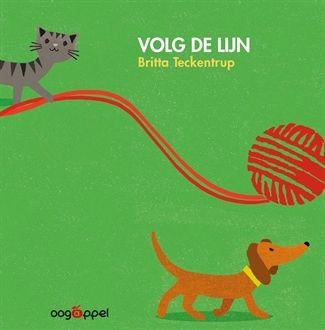 Boek: Volg de lijn. Cover: Kat op lijn van rode wol, eronder een hondje.